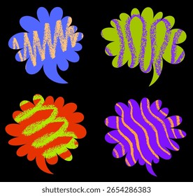 Set of four vibrant, hand-drawn speech bubbles with wavy patterns and bold colors on black.
