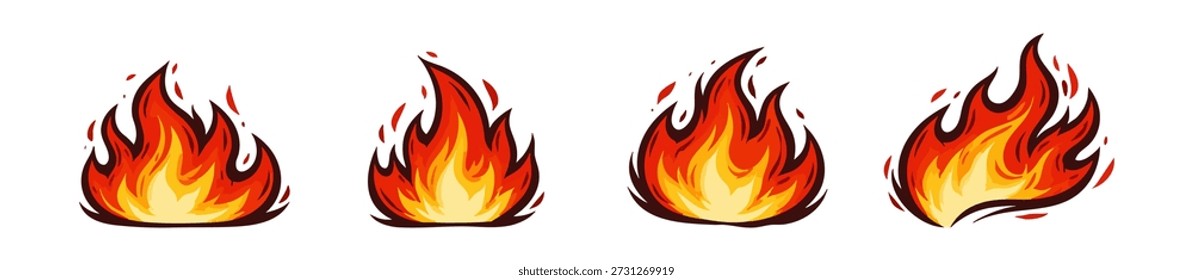 Un conjunto de cuatro ilustraciones de llamas de fuego estilizadas, dibujadas a mano y vibrantes en tonos rojos cálidos, naranjas y amarillos aislados sobre un fondo blanco.