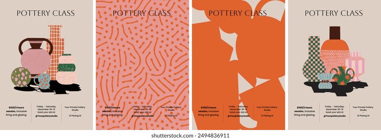 Set of four vibrant Pottery Class posters featuring modern, minimalist designs with pottery illustrations and abstract patterns. Ideal for art workshops and creative event promotions.