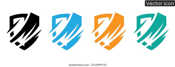 Un conjunto de cuatro vibrantes logotipos de escudo en negro, azul, naranja y verde para la marca y la identidad empresarial