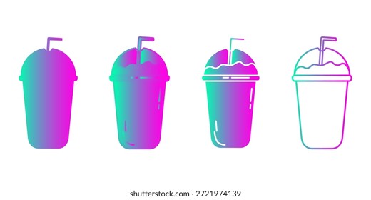 Um conjunto de quatro ilustrações vetoriais vibrantes que retratam refrescantes copos de bebidas, como smoothies ou milkshakes, com palhas. Cada xícara apresenta um impressionante roxo e azul-petróleo esquema de cor gradiente. As ilustrações evoluem de formas preenchidas sólidas para designs com contornos, apresentando diferentes estilos visuais adequados para ícones, menus ou gráficos promocionais para bebidas. A coleção captura uma sensação de frescor e refresco de verão.