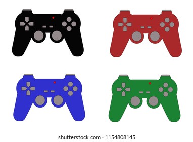 Set of four video game controller of different colors isolated. Gamepad with red light, buttons and joysticks. Icon or logo with gaming concept.