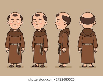 Um conjunto de quatro vistas de um personagem de um monge de desenho animado em um manto marrom e capuz, com um cinto de corda.