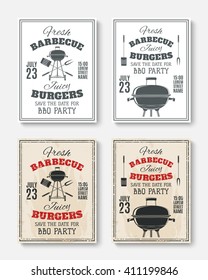 Set of four vintage barbecue party poster templates. Party brochures or invitation flyers.  Vector illustration.