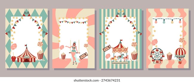A set of four vintage carnival posters in flat design. Features circus tent, acrobat, carousel, ferris wheel, hot air balloon, popcorn, cotton candy, tickets, and lollipops. Perfect for nostalgic party decor, invitations, and retro-themed projects.