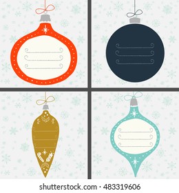 Set of four vintage Christmas baubles in different colors with snowflakes and place for your text. Hand drawn gift tags in shape of xmas ball.