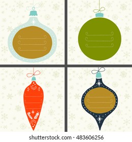 Set of four vintage Christmas baubles in different colors with snowflakes and place for your text. Hand drawn gift tags in shape of xmas ball.