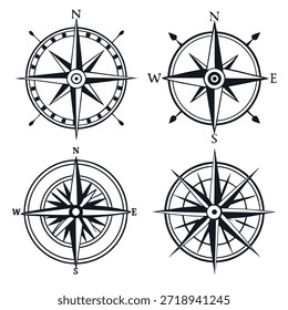 Set von vier Vintage Kompass Rose Designs mit Kardinalrichtungen und Nautische Elemente Navigation
