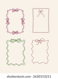 Set Of Four Vintage Coquette Aesthetic Hand Drawn Different Frames With Bows And Ribbons Doodle Isolated Vector Design