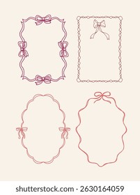 Set Of Four Vintage Coquette Aesthetic Hand Drawn Oval And Rectangular Frames With Bows And Ribbons Doodle Isolated Vector Design