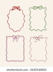 Set Of Four Vintage Coquette Whimsical Aesthetic Hand Drawn Frames With Bow Doodle Different Shapes Isolated Vector Design