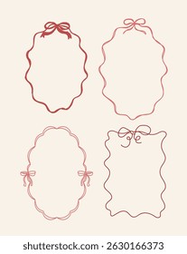 Set Of Four Vintage Coquette Whimsical Aesthetic Hand Drawn Oval Square Frames With Bow Doodle Different Shapes Isolated Vector Design