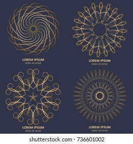 Set of four vintage geometric circular elements. Vector gold monogram on dark blue background. Vector illustration