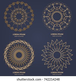 Set of four vintage geometric circular elements. Vector gold monogram on dark blue background. Vector illustration