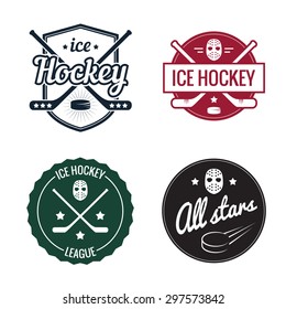 Set of four vintage isolated ice hockey logos with sticks, pucks and hockey masks. Vector abstract illustration