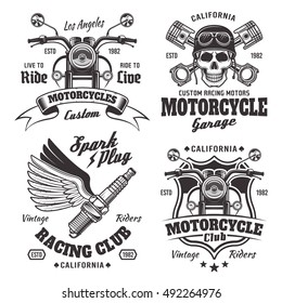 Set of four vintage motorcycles emblems, labels and logos in monochrome style isolated on white background