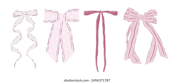 Set of four vintage pink bows with different ribbon styles isolated on a white background. Vector illustration of cute girly hair accessory