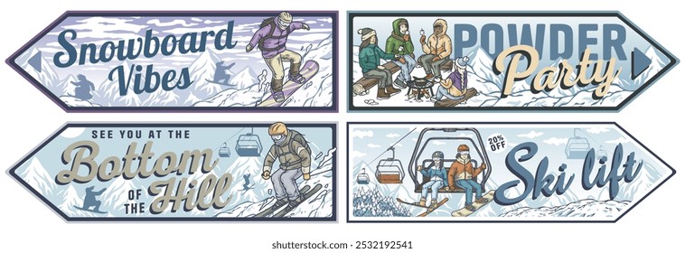 Conjunto de quatro cartazes vintage convidando para atividades de esportes de inverno, como snowboard, esqui ou compartilhar um momento com amigos em uma festa no topo da montanha. Cartaz ou sinal de inverno para esportes de inverno