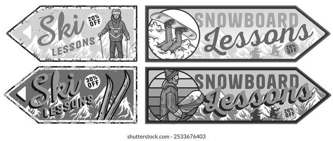 Set of four vintage rusty arrow shaped posters for ski and snowboard lessons with snowboarders and skiers riding on a snowy mountain slope. Winter poster or sign for winter sport
