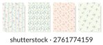 Set of four vintage seamless patterns featuring romantic pink roses blue wildflowers cute bows and stripes. Elegant cottagecore background for textile wallpaper or wedding stationery design.