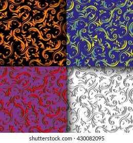 Set of four vintage seamless patterns with floral ornament, vector illustration