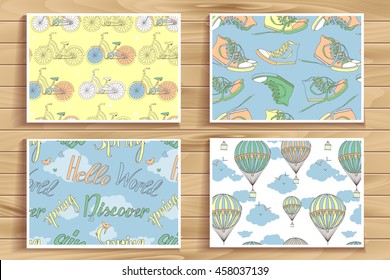 Set of four vintage seamless patterns. Bikes, sneakers, flying balloon, clouds and lettering. For your graphic design, perfect as a print for textiles