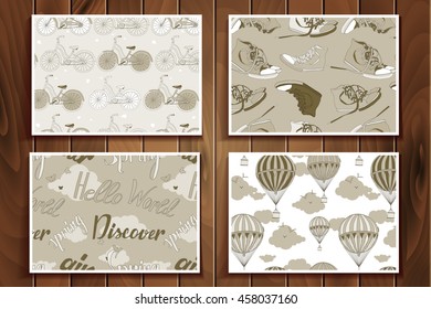 Set of four vintage seamless patterns. Bikes, sneakers, flying balloon, clouds and lettering. For your graphic design, perfect as a print for textiles