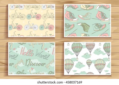 Set of four vintage seamless patterns. Bikes, sneakers, flying balloon, clouds and lettering. For your graphic design, perfect as a print for textiles