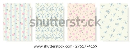 Set of four vintage seamless patterns featuring romantic pink roses blue wildflowers cute bows and stripes. Elegant cottagecore background for textile wallpaper or wedding stationery design.
