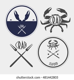 Set of Four Vintage styled crab labels would be helpful for you as seafood restaurant menu design elements, shop signs, crab icons, crab festival symbols or seafood symbols, logo templates etc. 