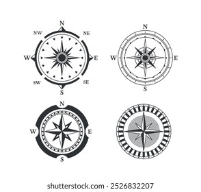 Conjunto De Quatro Vintage Tradicional Bússola Rose Designs Apresentando Símbolos Náuticos Clássicos E Direções Para Navegação