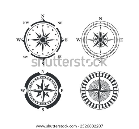 Set Of Four Vintage Traditional Compass Rose Designs Featuring Classic Nautical Symbols And Directions For Navigation