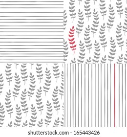 Set of four vintage vector seamless pattern. Gray and red elements on the white background