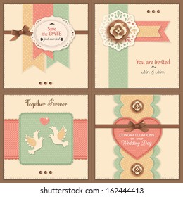 Set of four vintage wedding backgrounds with paper flowers, doves and scrapbook elements. Vector illustration