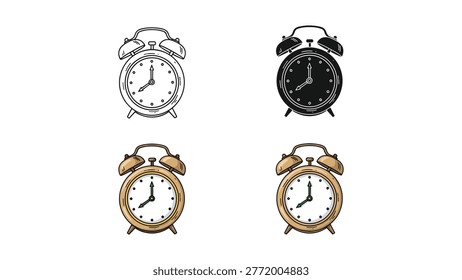A set of four vintage-style alarm clocks presented in different graphical styles, including black silhouette, outline, and two colored versions. Ideal for concepts related to time, schedules, deadlines, and waking up.