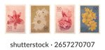 Set of four vintage-style postage stamps featuring colorful flowers in soft pastel tones, flat graphic style, isolated on white background. Concept of floral art. Vector illustrations set