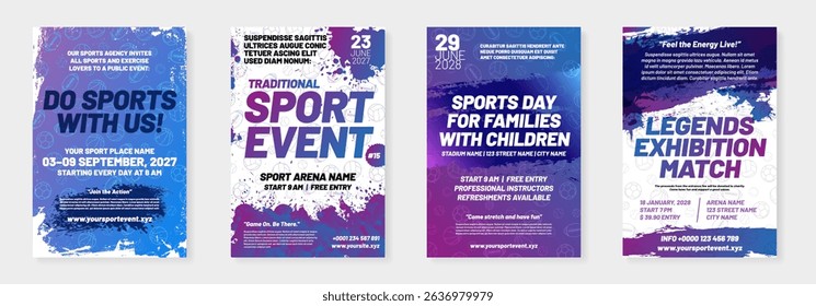 Set of four of visually striking event posters featuring dynamic layouts, vibrant colors, and engaging typography, perfect for promoting various sporting events and activities. Vector illustration.
