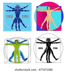 Set of four vitruvian people in different execution. Vector illustration.