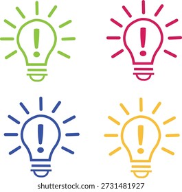 A set of four vivid lightbulb icons featuring exclamation marks, symbolizing concepts and breakthroughs in green, red, blue, and yellow.