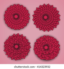 Set of Four Vivid Red Chrysanthemums