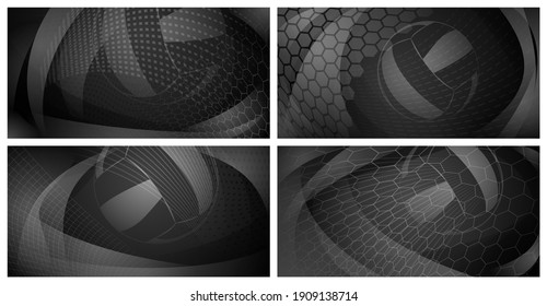 Set of four volleyball backgrounds with big ball in black and gray colors