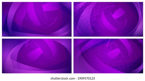 Set of four volleyball backgrounds with big ball in purple colors