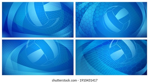 Set of four volleyball backgrounds with big ball in blue colors