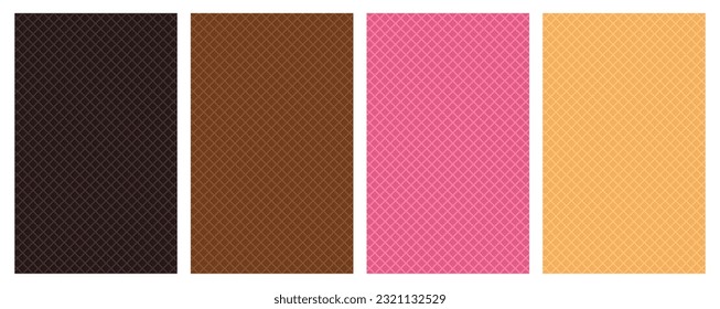 Set of four waffle textures with different flavors. Sweet seamless patterns. Vector illustration