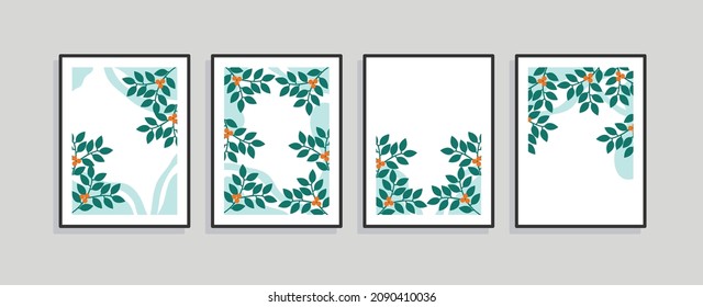 Set of four wall art, canvas painting for the rooms. Tropical background with leaves. Summer poster element for interior design of office, dinning, and bed room . 