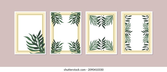 Set of four wall art, canvas painting for the rooms. Tropical background with leaves. Summer poster element for interior design of office, dinning, and bed room . 