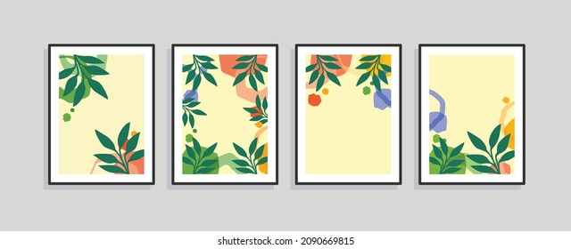 Set aus vier Wandkunst, Leinwand für die Zimmer. Tropischer Hintergrund mit Blättern. Sommerplakatelement für die Innenausstattung von Büro, Abendessen und Schlafzimmer . 