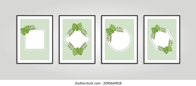 Las habitaciones están decoradas con cuatro cuadros de tela. Fondo tropical con hojas. Afiche de verano para el diseño interior de oficina, comedor y dormitorio. 