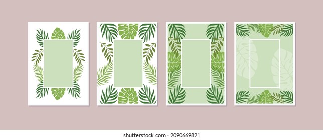 Las habitaciones están decoradas con cuatro cuadros de tela. Fondo tropical con hojas. Afiche de verano para el diseño interior de oficina, comedor y dormitorio. 