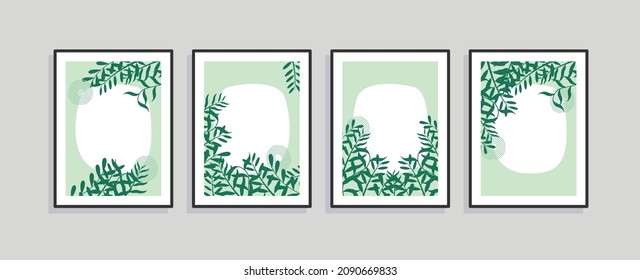 Set of four wall art, canvas painting for the rooms. Tropical background with leaves. Summer poster element for interior design of office, dinning, and bed room . 